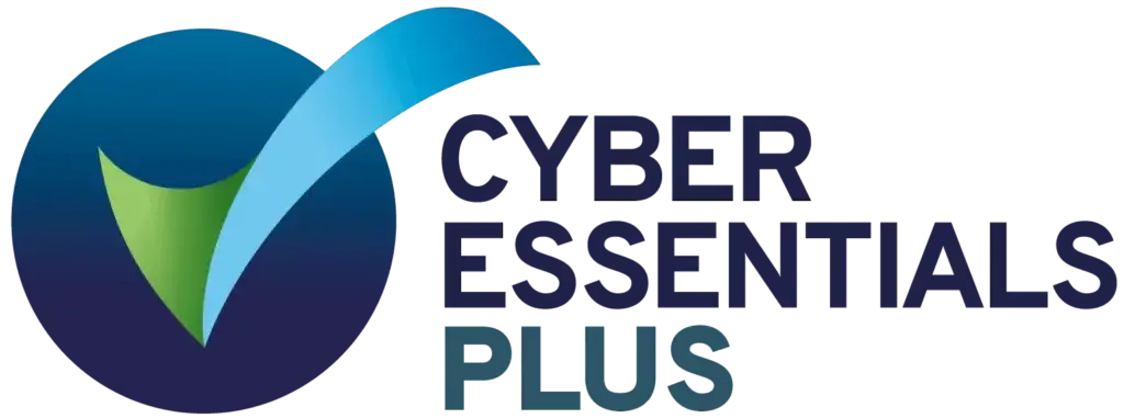 Logo of the Cyber Essentials Plus certification, featuring a checkmark in blue and green against a circular background, accompanied by the text "Cyber Essentials Plus."