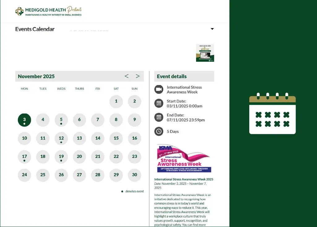 A digital events calendar for November 2025, featuring a grid of days and details for an upcoming event titled "International Dress Awareness Days," including start and end times.