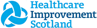 Logo of Healthcare Improvement Scotland, featuring a stylized infinity symbol in blue, accompanied by the text "Healthcare Improvement Scotland" in a similar font and color.