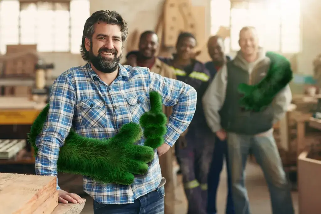A smiling man with a beard stands confidently in a workshop, wearing a blue plaid shirt. In the background, a group of four men smile, creating a friendly and collaborative atmosphere.