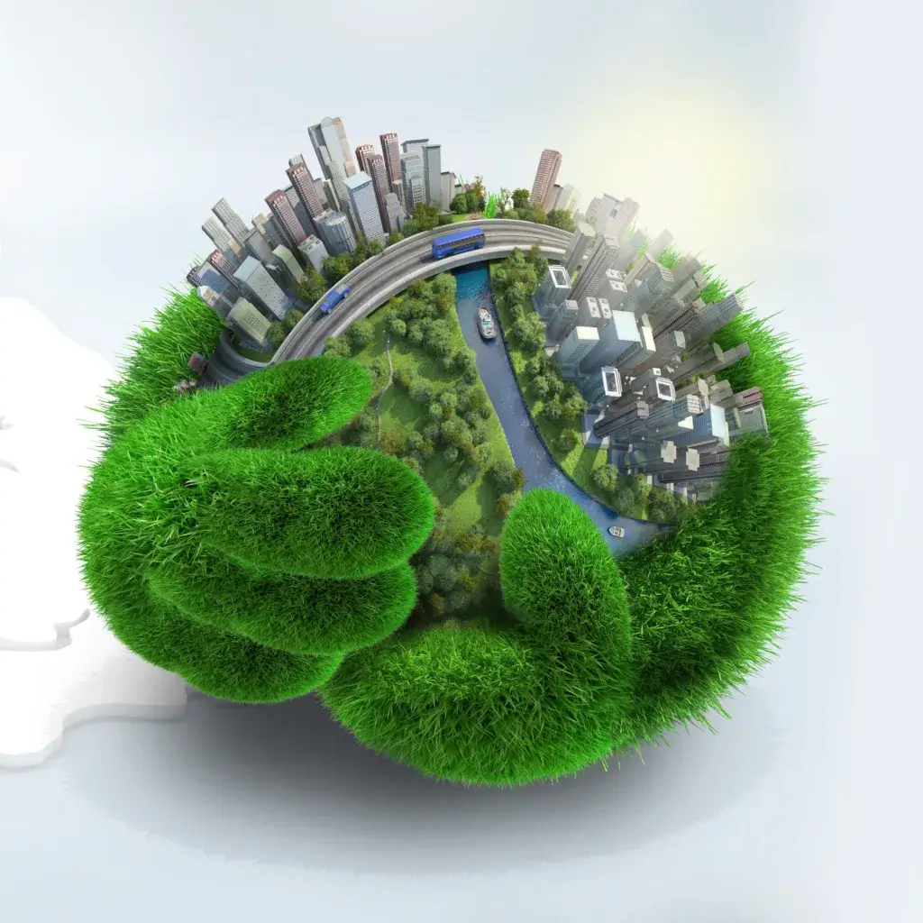 A green, grassy globe held by two large hands, featuring a small cityscape and winding river. The image symbolizes environmental care and sustainability.