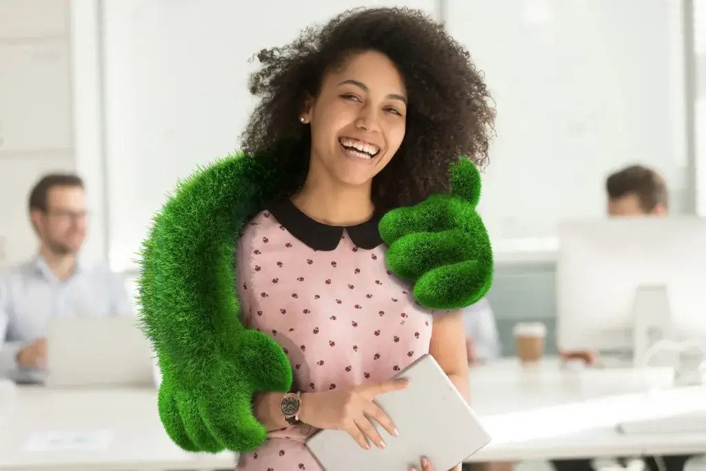 A smiling woman with curly hair