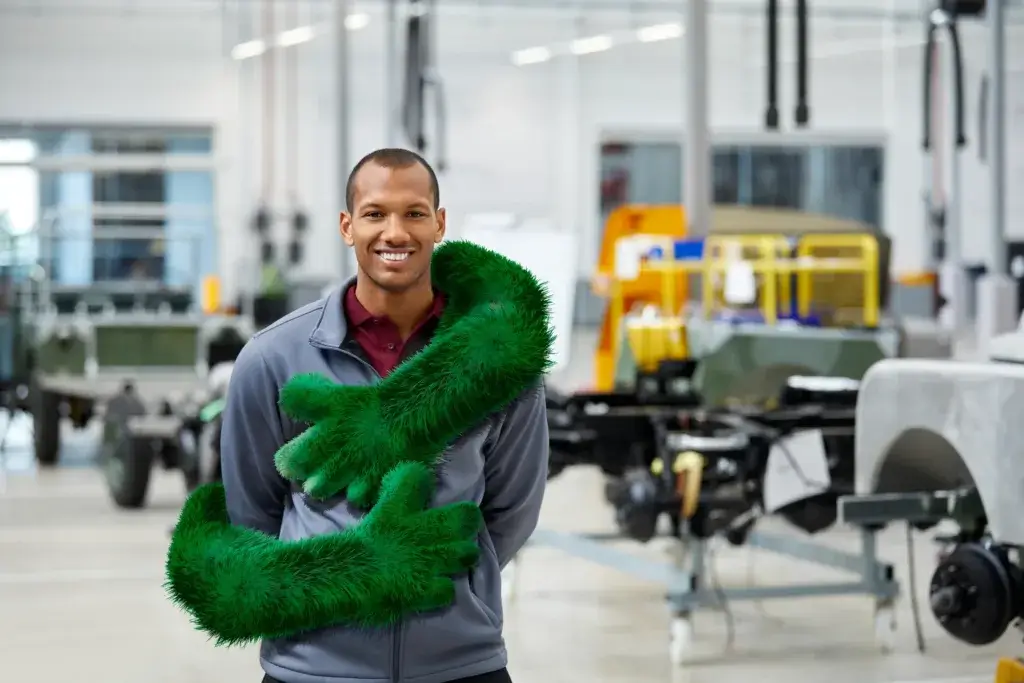 A smiling man stands in an industrial setting, surrounded by vehicle assembly parts. He has green, furry arms superimposed on the image, giving a playful and whimsical appearance.