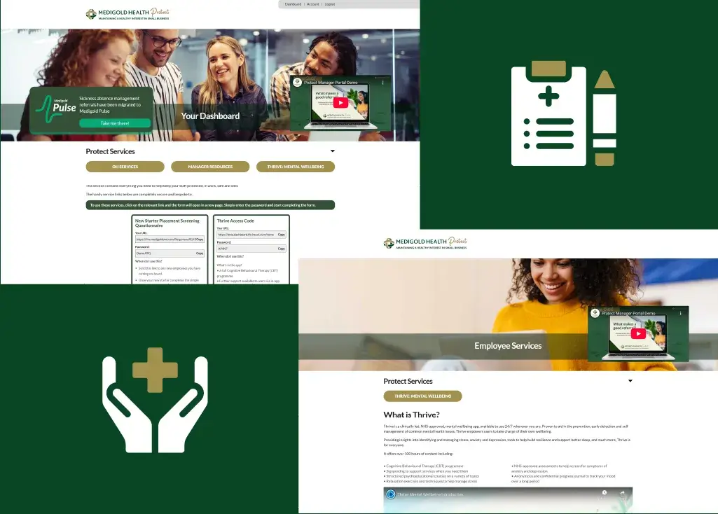 A collage showcasing a healthcare website featuring product services, user-friendly navigation, and supportive visuals. Elements include smiling individuals and icons representing medical assistance and support.