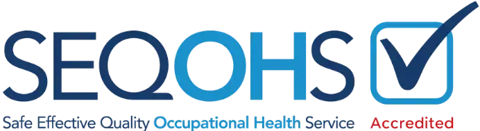 The image features the SEQOHS logo, which includes the acronym in blue with a check mark symbol, representing a framework for quality assurance in occupational health services.