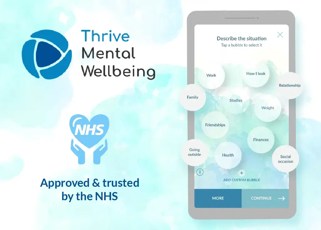 A smartphone screen displays the Thrive Mental Wellbeing app interface, featuring a prompt to describe a situation. The app is endorsed by the NHS, indicated by their logo, enhancing its credibility for mental health support.