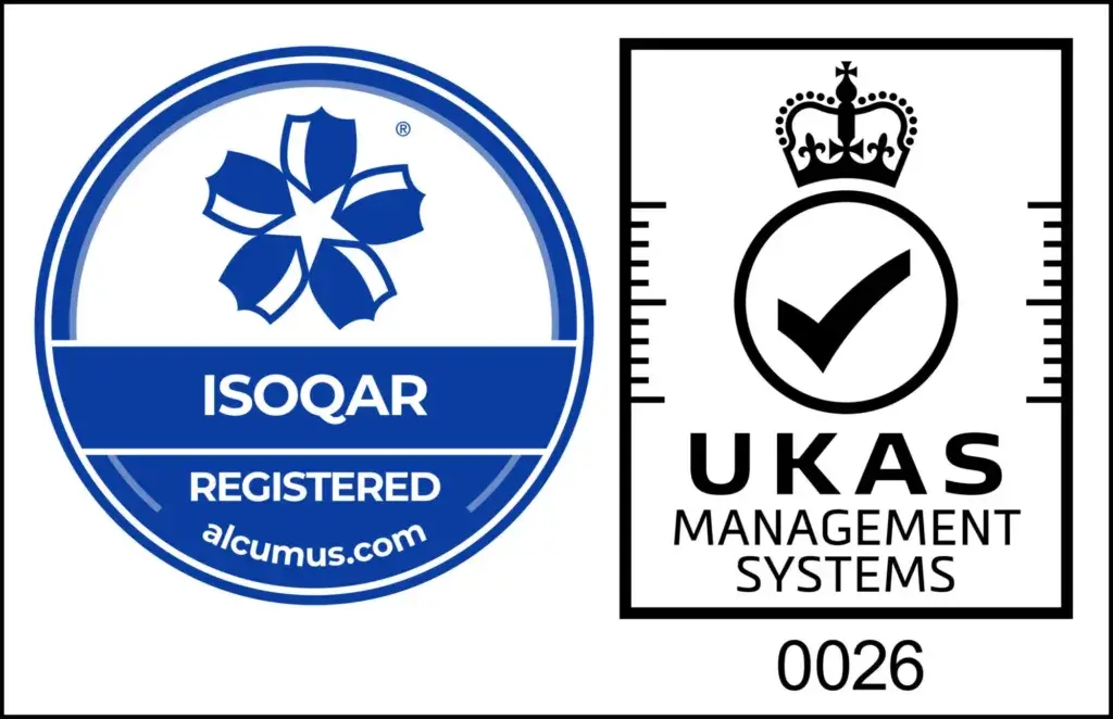 A blue ISOQAR registered logo with a flower design and the text "ISOQAR REGISTERED" and "alcumus." Next to it, a UKAS Management Systems logo featuring a check mark and the text "UKAS MANAGEMENT SYSTEMS" with the number "0026."