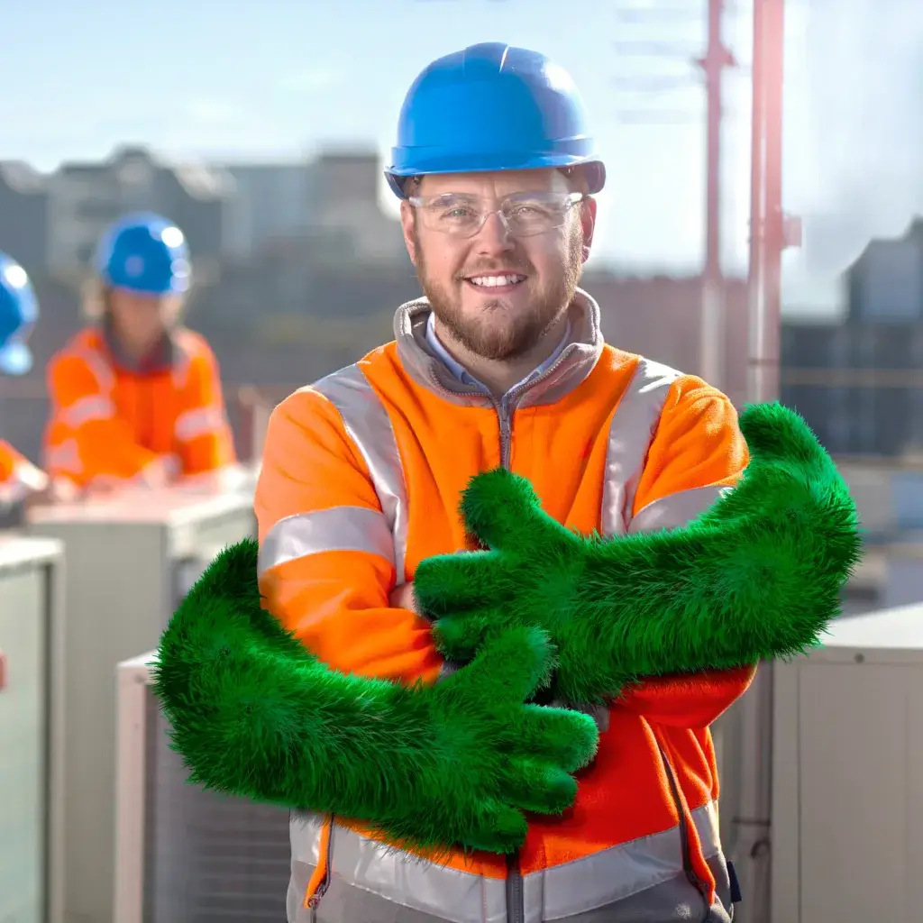 A smiling construction worker in a bright orange vest and hard hat stands in the foreground, making a thumbs-up gesture. In the background, two other workers in similar attire are engaged in their tasks on a construction site.