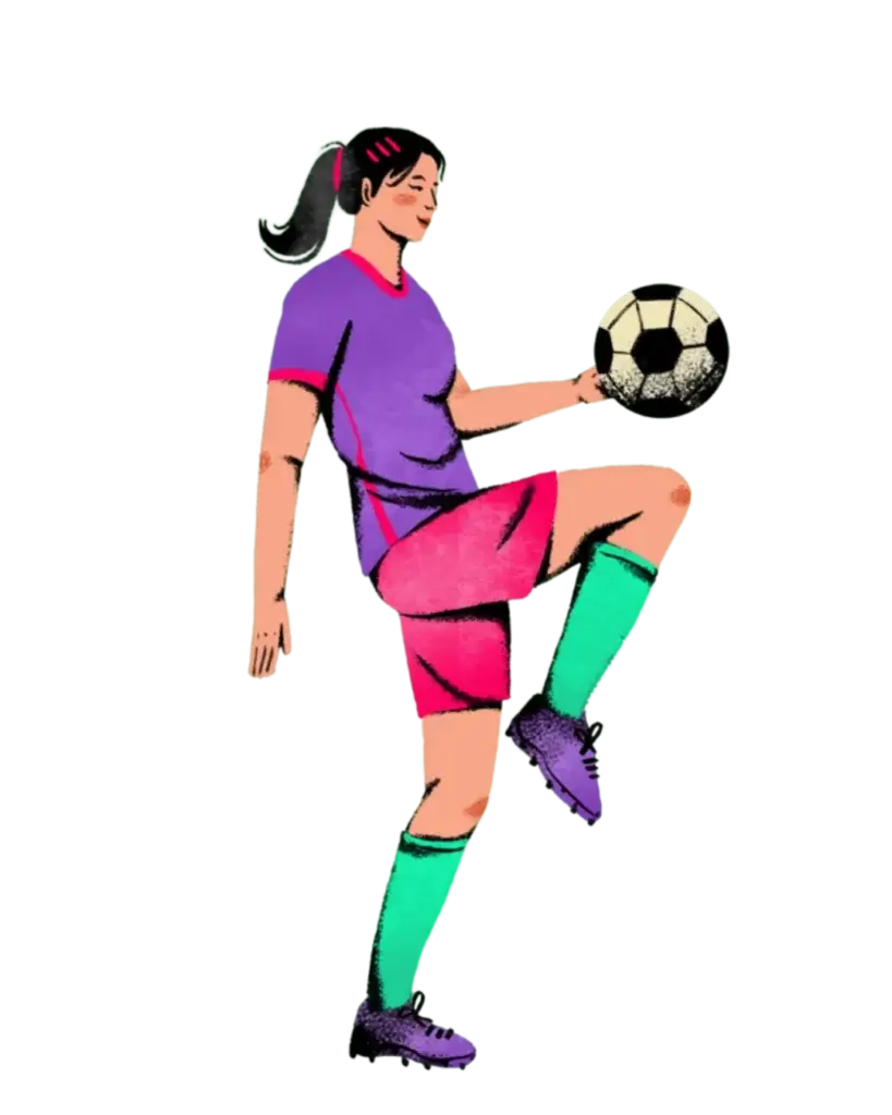 A colorful illustration of a female soccer player balancing a soccer ball on her knee, wearing a purple jersey, pink shorts, green socks, and purple cleats.