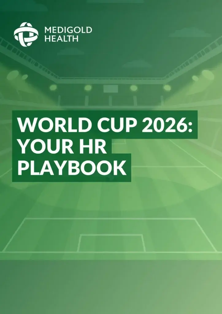 Green cover image with a soccer field background, featuring the text "World Cup 2026: Your HR Playbook" and the Medigold Health logo.